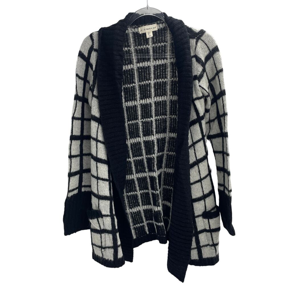 IF IT WERE ME Womens Black White Fuzzy Wool Blend Sweater Size L Long Check